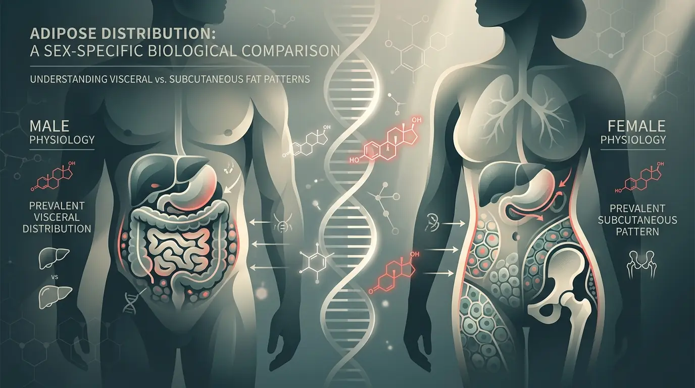 Scientific abstract of sex-specific abdominal fat distribution patterns in male vs female biology. Molecular motifs, teal accent.