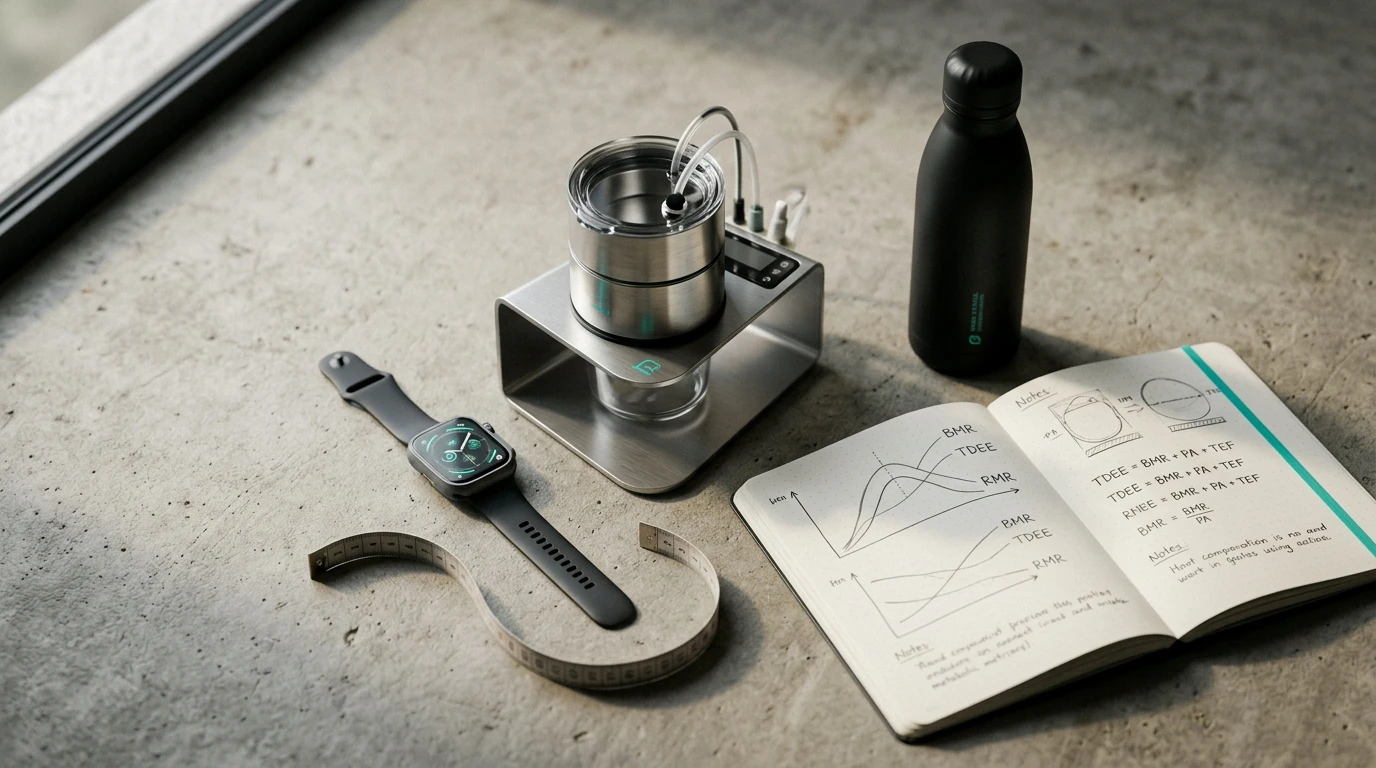 Flat-lay of tools for metabolic measurement: fitness watch, device, graphs, water, tape. For BMR, TDEE, RMR comparison.