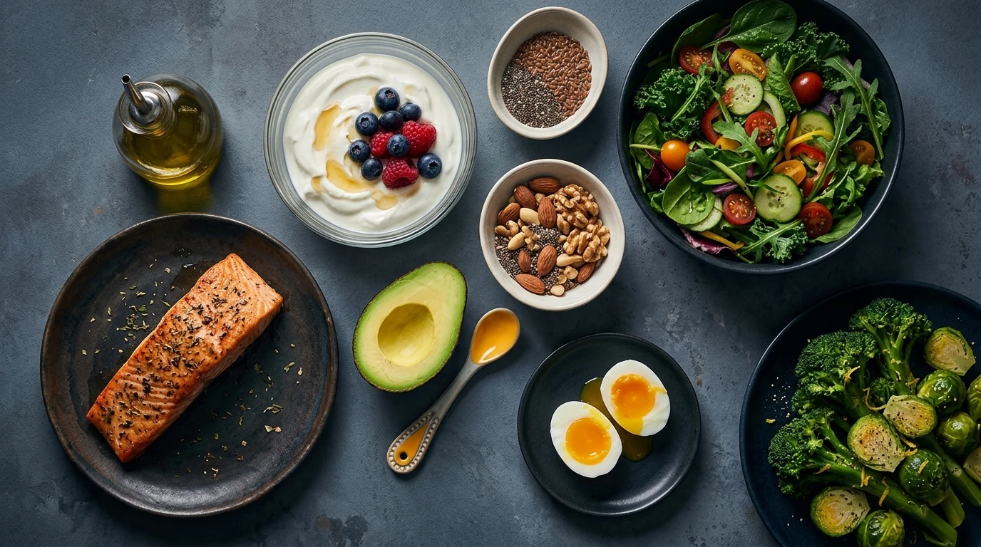 Overhead flat-lay: salmon, Greek yogurt, berries, greens, nuts, avocado, eggs. Healthy, evidence-based whole foods.