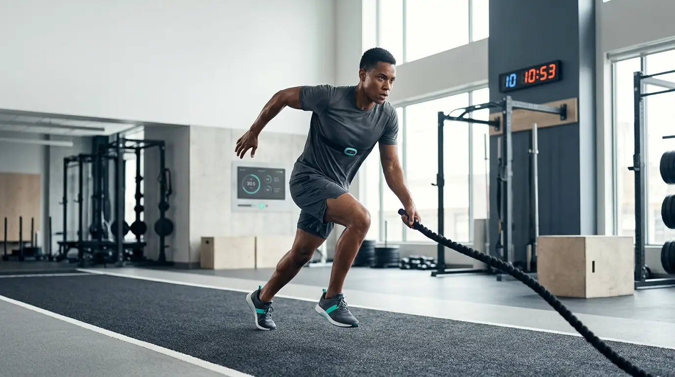 Athlete in teal-accented gear performs high-intensity interval training. Clean, modern setting. Scientific, dynamic, EPOC-focused.