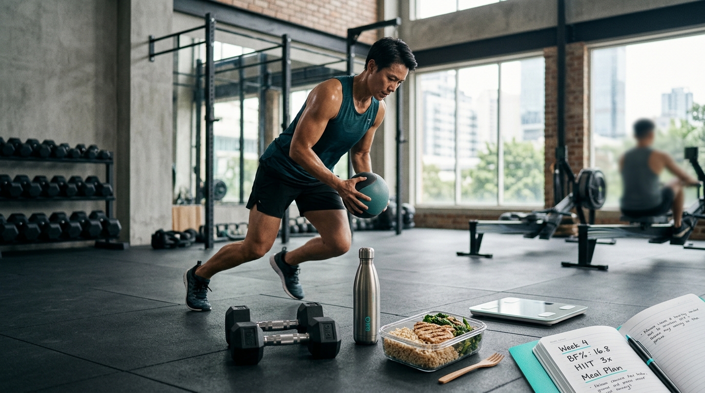 Science-backed essentials for belly fat loss: dumbbells, water, healthy meal, scale, progress journal.
