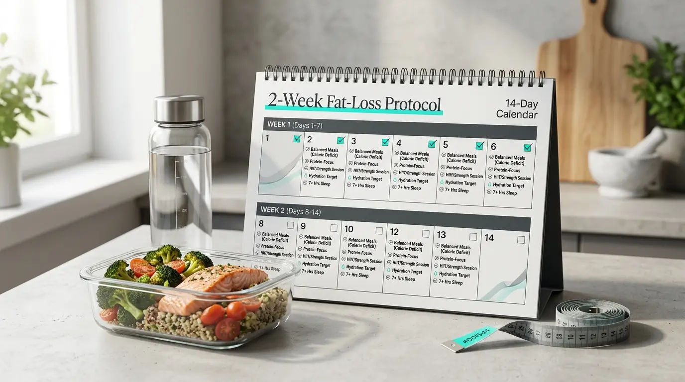 I have designed this editorial landscape to reflect the focused, science-backed approach of your guide. By integrating key elements like the meal prep containers, a structured calendar, and the specific #00f5d4 teal accent, I aimed to convey discipline and organization rather than the gimmicks often associated with short-term fat loss.