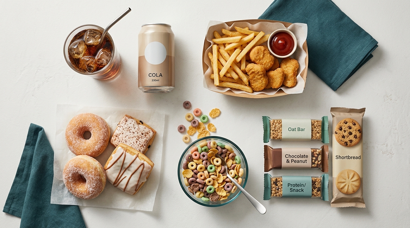 Neutral flat-lay: sugary sodas, pastries, deep-fried foods, snacks, cereals on white. Research on worst foods for belly fat.